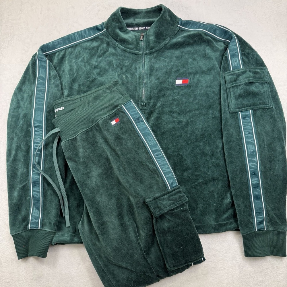 Tommy Hilfiger Sport Green Velour 1/4" Zip  Sweatshirt & Cargo Jogger Track Suit